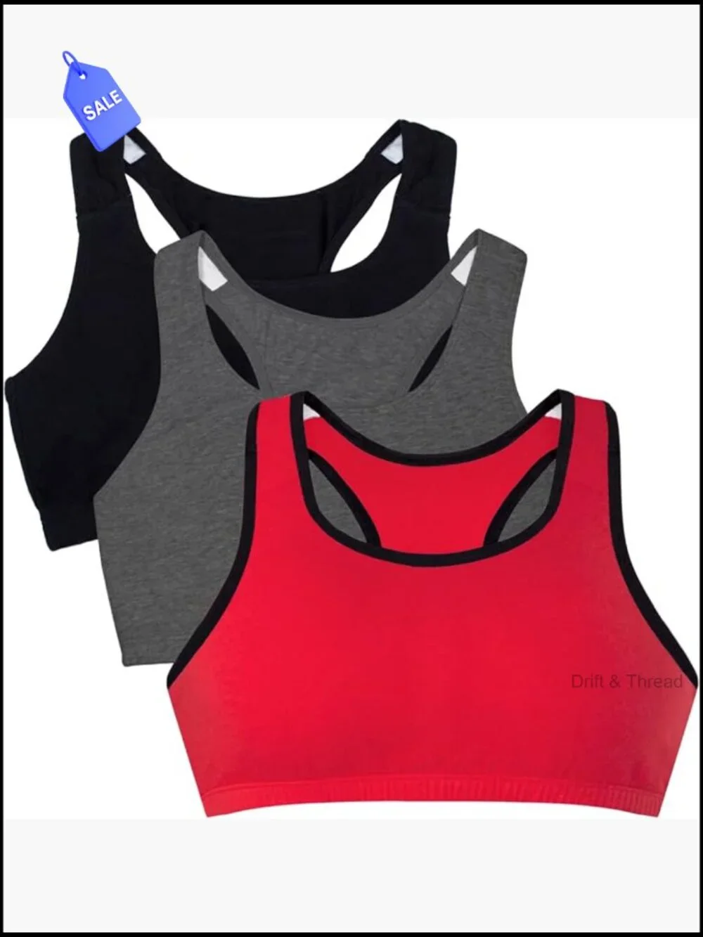 3-Pack Women's Cotton Sports Bra - Full Coverage, Racerback, Pull-On